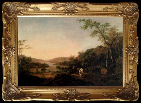 framed  Thomas Gainsborough An Extensive River Landscape with Cattle and a Drover and Sailing Boats in the distance, Ta013